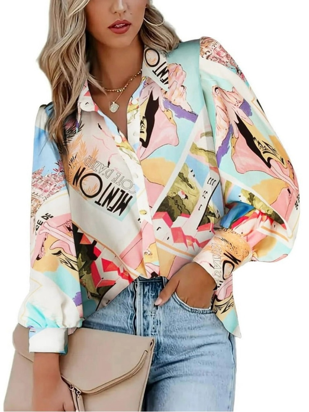 NWT IN’VOLAND Bold Print Puff Sleeve Button Down Top  Size 24W